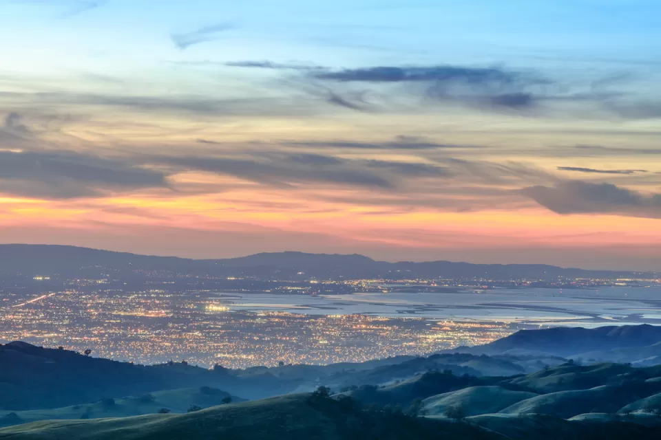 View of Santa Clara valley in San Francisco Bay Area at dusk.